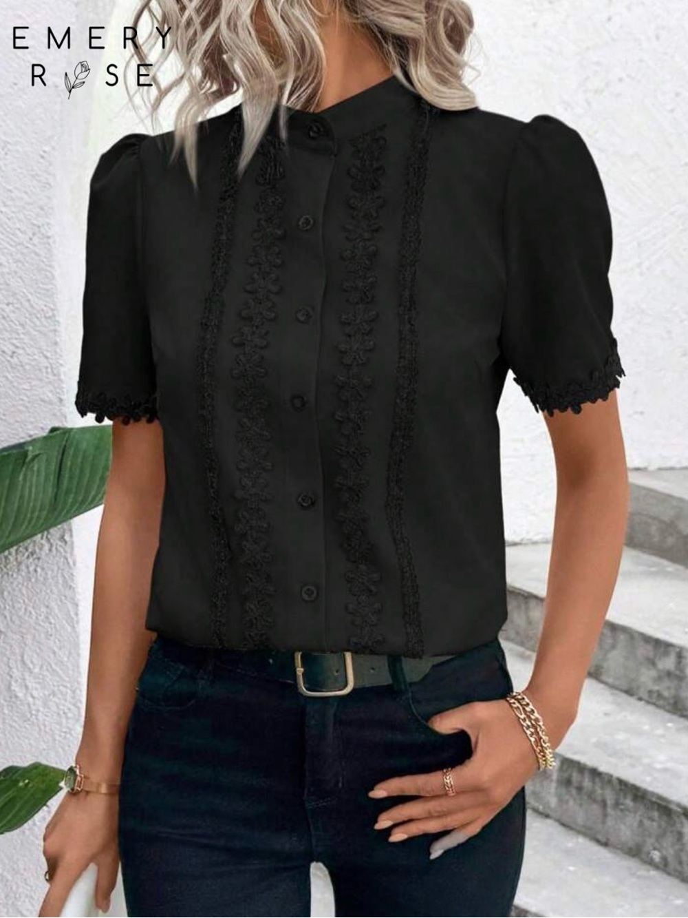 Black Lace-Trim Button Front Top